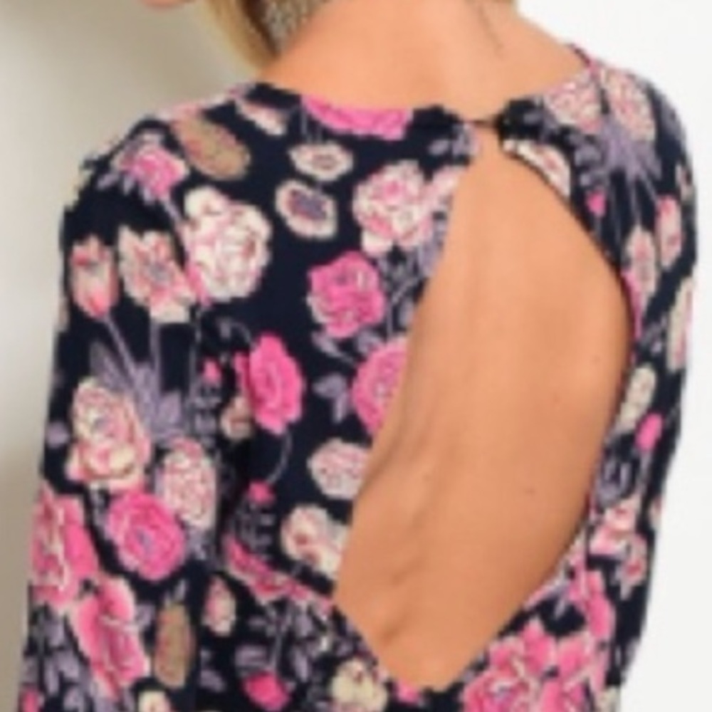 Navy floral romper with a plunge lace-up neckline. - Picture 5 of 6